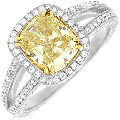 GIA Certified  Fancy Yellow Cushion Cut Diamond Engagement Ring 3.95 Carat Pl...