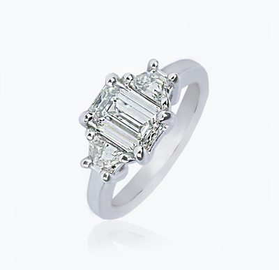 Diamond Engagement Three Stone Ring GIA Certified 3.00 CT Emerald Cut 18K Gold
