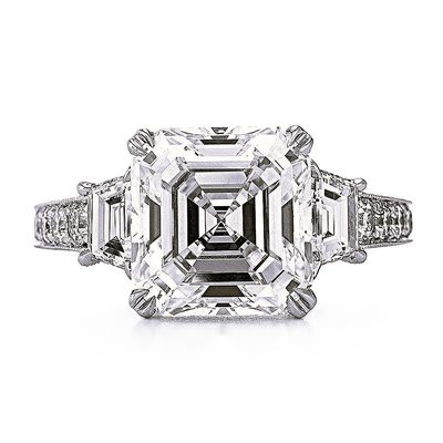 GIA Certified 4 CT Asscher Cut with Trapezoid & Round Cut Diamond Ring -Platinum