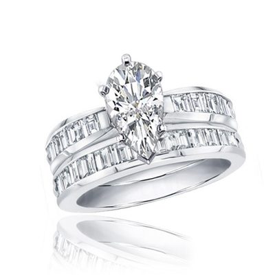 Pear and Baguette Shape Diamond Bridal Ring Set 3.00 CT GIA Certified 18k Gold