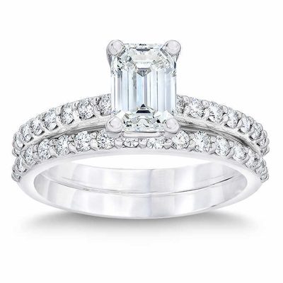 3.00 Carat GIA certified Emerald Cut Diamond Bridal Ring Set 18k White Gold