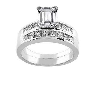 GIA Certified Bridal Ring Set 2.50 CT Emerald and Princess Cut Diamond 18k WG