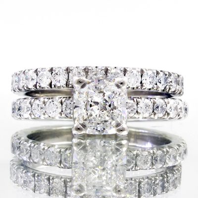 3.50 CT Cushion & Round Cut 18k White Gold Diamond Bridal Set Ring GIA Certified