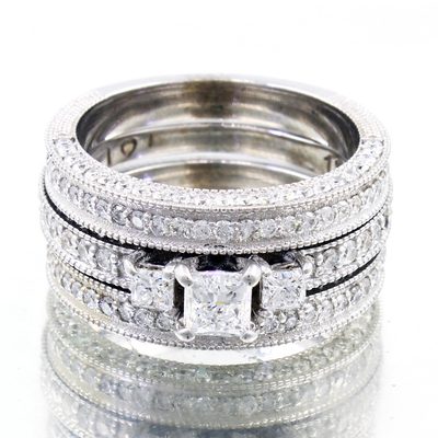 GIA Certified 3.50 Carat Princess & Round Cut Diamond 18k Bridal Set Ring
