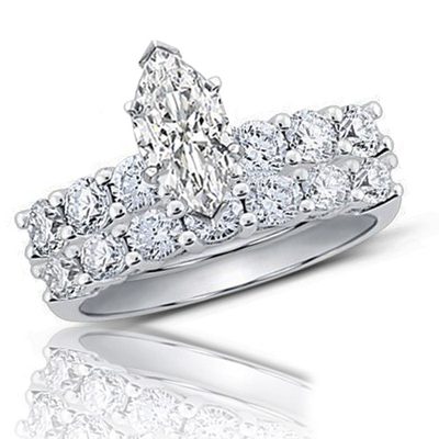 Diamond Bridal Ring Set 18k Gold GIA Certified 2.60 CT Marquise and Round Cut