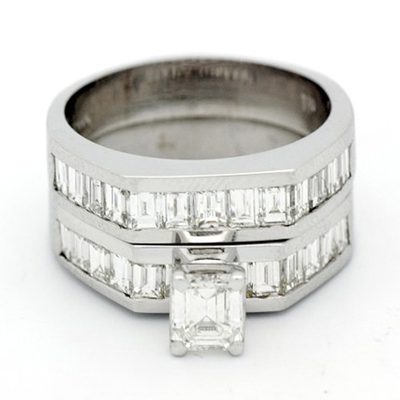 GIA Certified 3.00 Carat Emerald & Baguette Cut Diamond Bridal Set Ring 18k WG