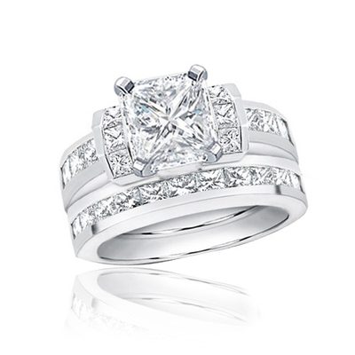 GIA Certified Radiant and Princess Cut 3.25 CT Diamond Bridal Set Ring 18k Gold