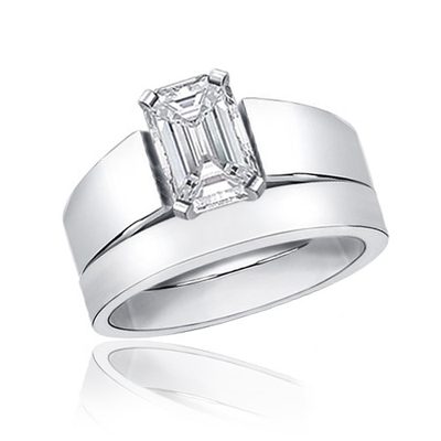 GIA Certified Solitaire Emerald Cut Diamond 2.00 Carat 18k Gold Bridal Ring Sets