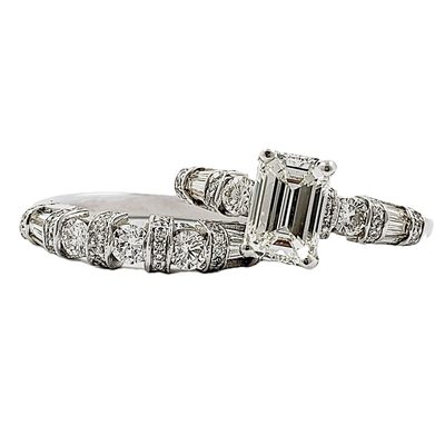GIA Emerald Cut Diamonds Bridal Set -Center 2.50 CT / Side Baguette & Round Cut
