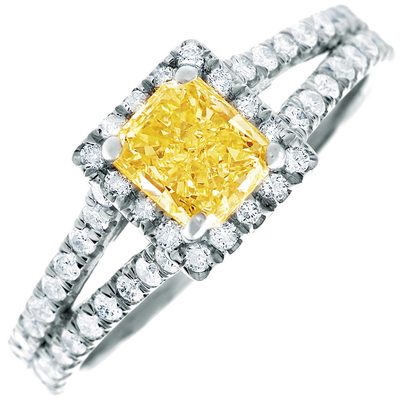 GIA Certified Diamond Engagement Ring Fancy Yellow 2 CT Radiant & Round 18k Gold
