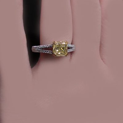 GIA Certified Diamond Engagement Ring Fancy Yellow 2.00 CT Cushion & Round Cut