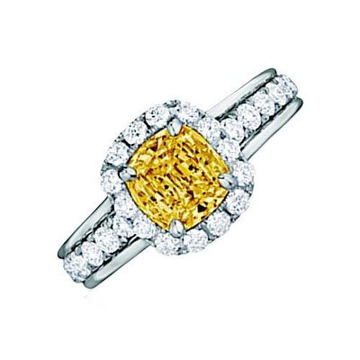 Platinum GIA Certified Fancy Intense Yellow 1.70 Ct Cushion Cut Diamond Ring