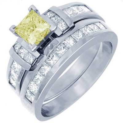 GIA Certified 3.25 CT Fancy Yellow Princess Cut Diamond Bridal Set Ring 18k Gold