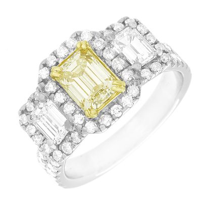 Fancy Yellow 3.00 Carat Emerald cut Diamond Ring 18K White Gold GIA Certified