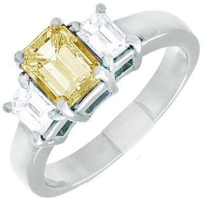 GIA Certified 3 Stone Fancy Yellow 2.00 CT Emerald Cut Diamond Engagement Ring