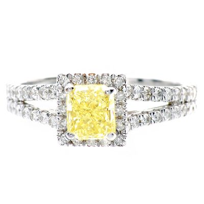 GIA Certified Fancy Yellow Radiant Cut Diamond Engagement Ring 2 Carat 18k Gold