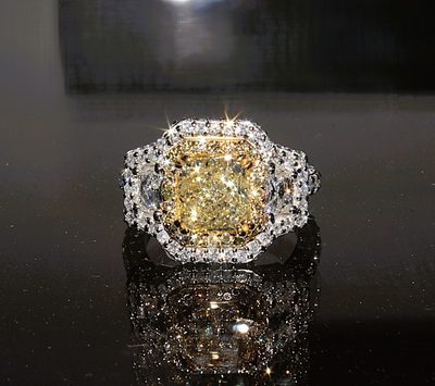 2 CT Cushion GIA Certified Fancy Yellow Diamond Ring - Plat. + F.Y. & White DIA