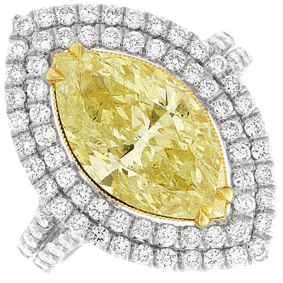 GIA Certified Diamond Engagement Ring 2.7 CTW Fancy Yellow Marquise & Round 18k