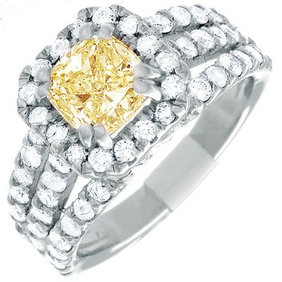 GIA Certified Diamond Engagement Ring 2 CT Fancy Yellow Cushion & Round Cut  14k
