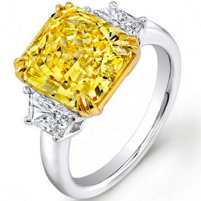 4.00 CT Fancy Yellow Cushion Three-Stone Diamond Ring with Trapezoids - Platinum
