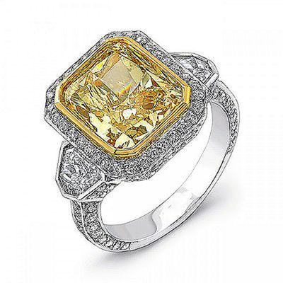 Platinum Engagement Ring Cushion Cut Diamond Ring 4.50 CTW GIA Fancy Yellow