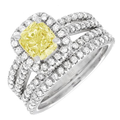 18k Gold 3.00 CT GIA Certified Fancy Yellow Diamond Bridal Set Ring Cushion Cut