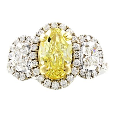 Platinum Halo Ring with Round Cut Diamonds - Center 2.00 CT GIA Fancy Yellow