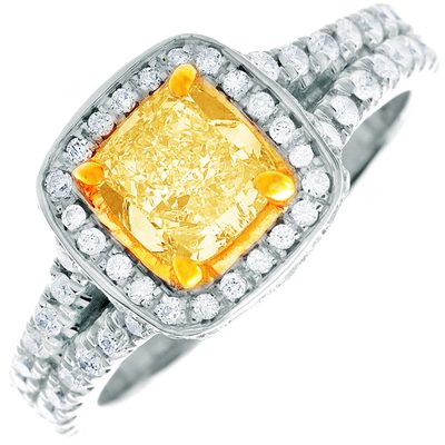 18k Gold Cushion Cut 2.95 Carat Fancy Yellow GIA Diamond Engagement Ring