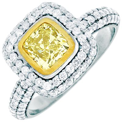 GIA Fancy intense Yellow 2.70 Carat Cushion Cut Diamond Engagement Ring 18k Gold