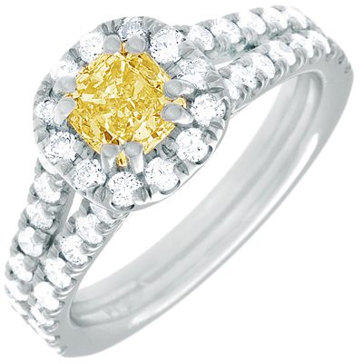 Fancy Yellow 2.50 Carat Cushion Cut Diamond GIA Engagement Ring 18k White Gold