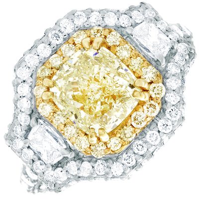 GIA Certified Cushion Cut 3.20 CTW Fancy Yellow Diamond Engagement Ring 18k Gold