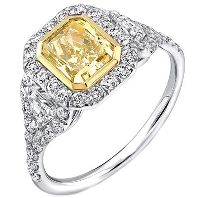 Halo Fancy Yellow Engagement Ring GIA 2.75 Carat Cushion Cut Diamond in Platinum