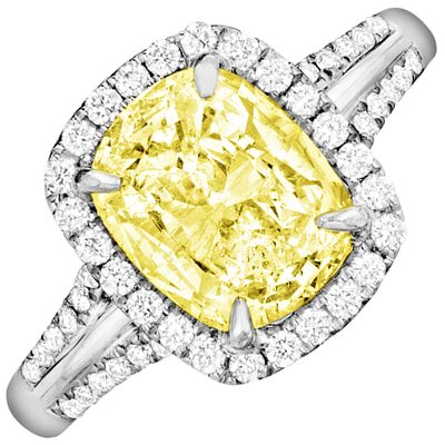 GIA 5.00 CT Cushion Cut Fancy Yellow Diamond - E Color Round Pave Side PLATINUM