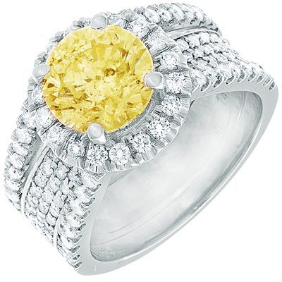 GIA Certified 3.95 Carat Fancy Yellow Round Cut Diamond Bridal Set in Platinum