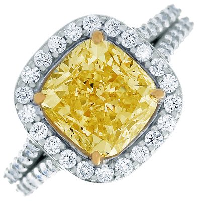 GIA Fancy Yellow 3.75 Carat Cushion Cut Diamond Engagement Ring in 18k Gold