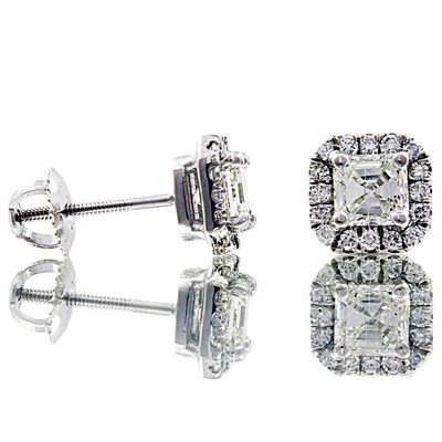 14K White Gold Asscher Cut Natural 2.35 TCW Diamond Stud Earrings W/ Round Halo