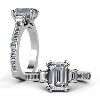 2.50 Carat Emerald & Baguette Cut Diamond 18k White Gold Engagement Ring