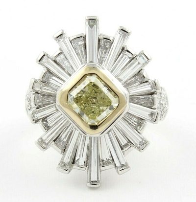 GIA Certified 2.50 CT Diamond 18k Engagement Ring Fancy Light Yellow & Baguette
