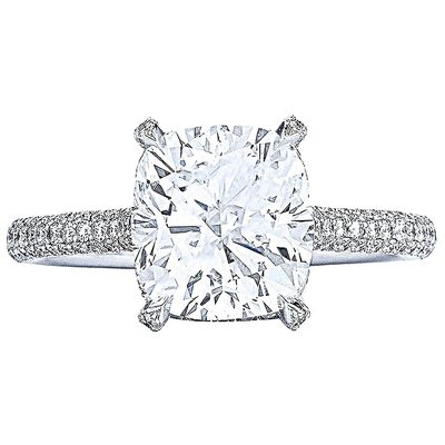 GIA Certified Center 2.50 CT Natural Cushion Cut Diamond Ring F/VS2 - RND Pave'