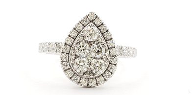 18K Wh/Gold Pear Shape + Halo Design Ring Made with 1.50 ctw Round Cut Diamonds