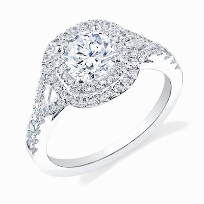 GIA Certified Round Cut Diamond Ring -1 CT Center - Double Halo - 14K White Gold