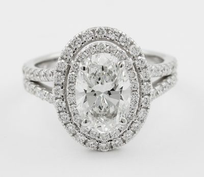 GIA Certified 3.00 Carat Oval Cut Diamond 18k Engagement Halo Split Shank Ring