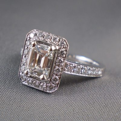 Diamond Engagement Ring 18k White Gold Vintage Inspired Emerald Cut 2.00 Carat