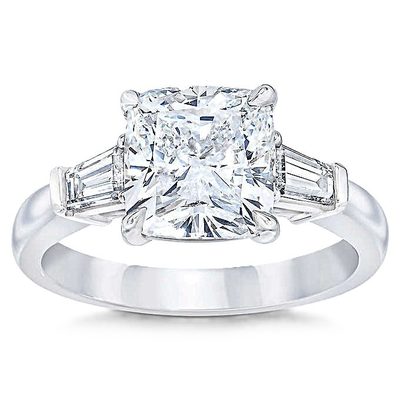 GIA 1.70 CT Cushion Cut Three-Stone Diamond Ring - Side Baguettes / Platinum