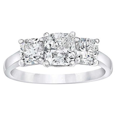14K White Gold Three-Stone Natural Cushion Cut Diamond Ring - Center 1.00 CT GIA