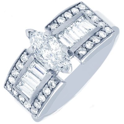 GIA Certified 2.10 CTW Diamond Engagement Ring Round and Baguette Cut