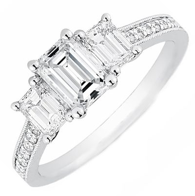 Three-Stone Emerald & Round Brilliant Cut Diamond Engagement GIA Certified Ri...