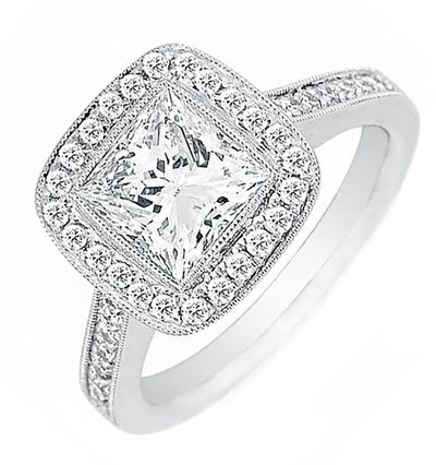 Halo Design Princess and Round Cut Diamond Engagement Ring 3.50ct 18k White Gold