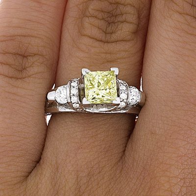 Rare 2 CT Fancy Yellow Princess Cut Diamond Ring & Colorless Round Side Diamonds