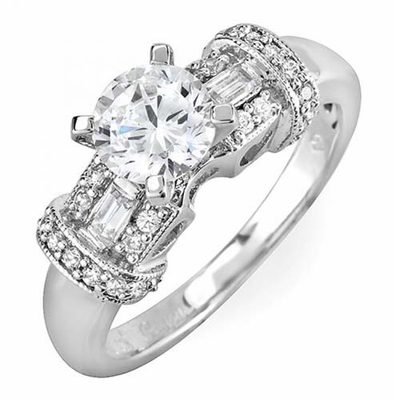 2.1 CT Round & Baguette Cut Diamond Engagement Ring GIA Certified 18k White Gold
